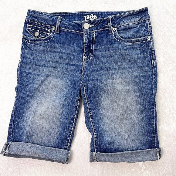 JADE JEAN‎ Shorts Bermuda Cuffed Embroidery Back Pocket Flaps Retro Vibe Blue - Picture 1 of 14
